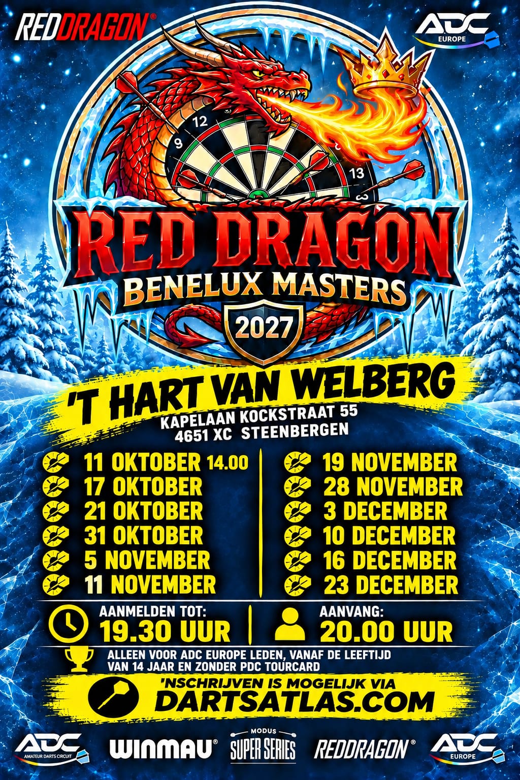 Flyer Red Dragon Benelux Masters 2027 met de twaalf speeldagen in ’t H@rt van Welberg